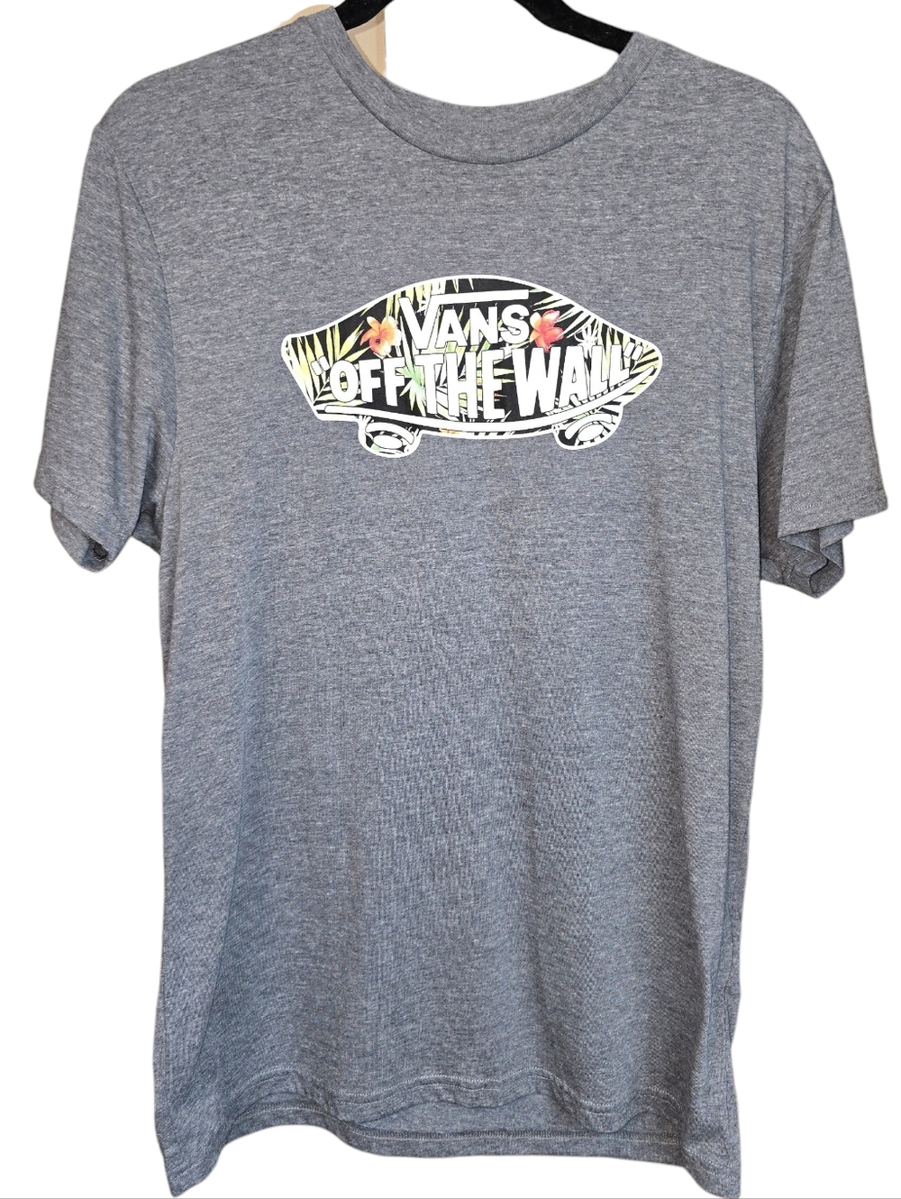 Vans Off The Wall Logo Fill Tee Gray Tropical Floral Skate T-Shirt Mens Medium